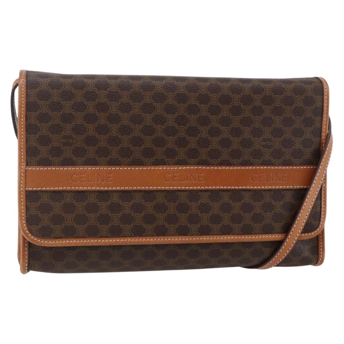 CELINE Macadam Canvas Shoulder Bag PVC Leather Brown Gold Auth ep11137