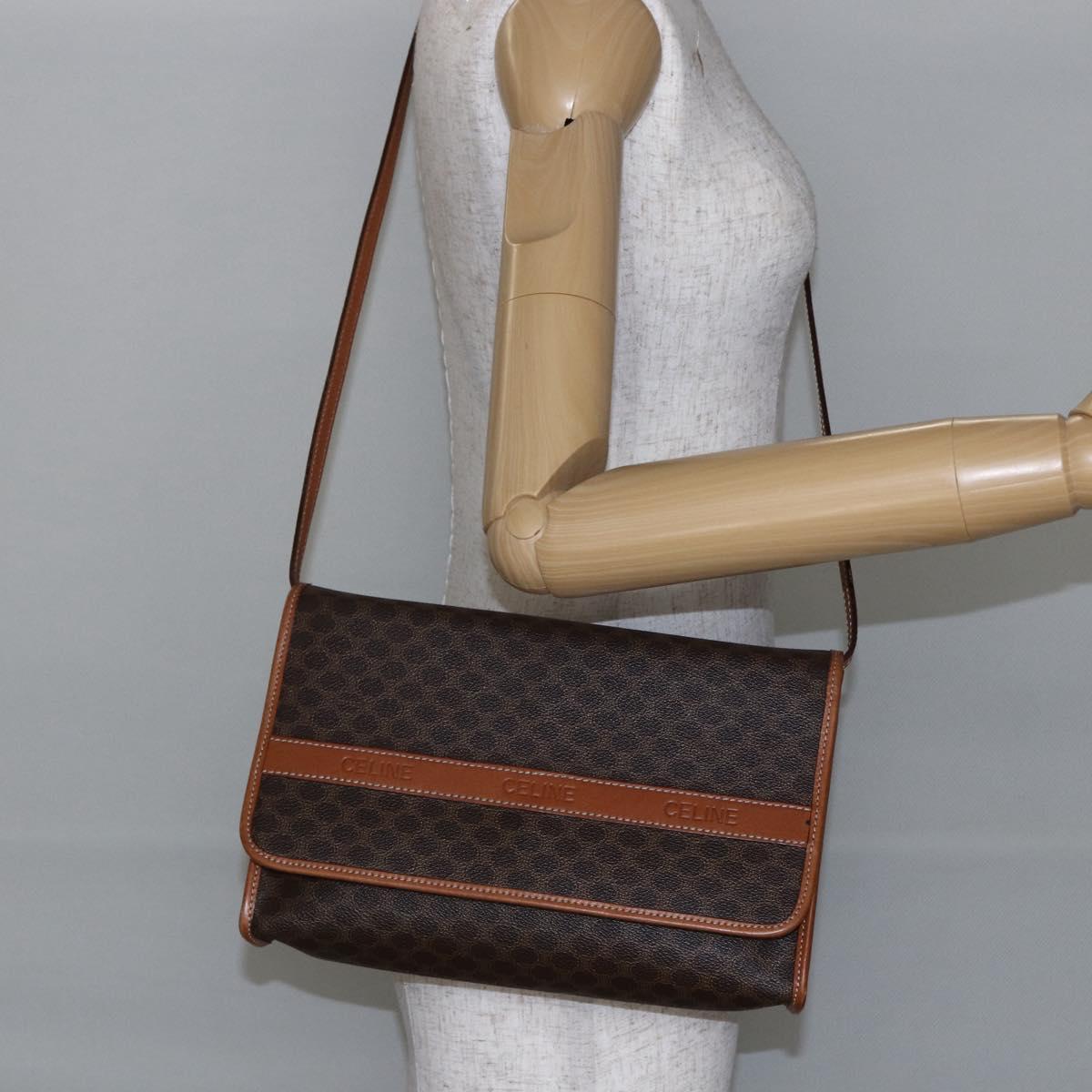 CELINE Macadam Canvas Shoulder Bag PVC Leather Brown Gold Auth ep11137