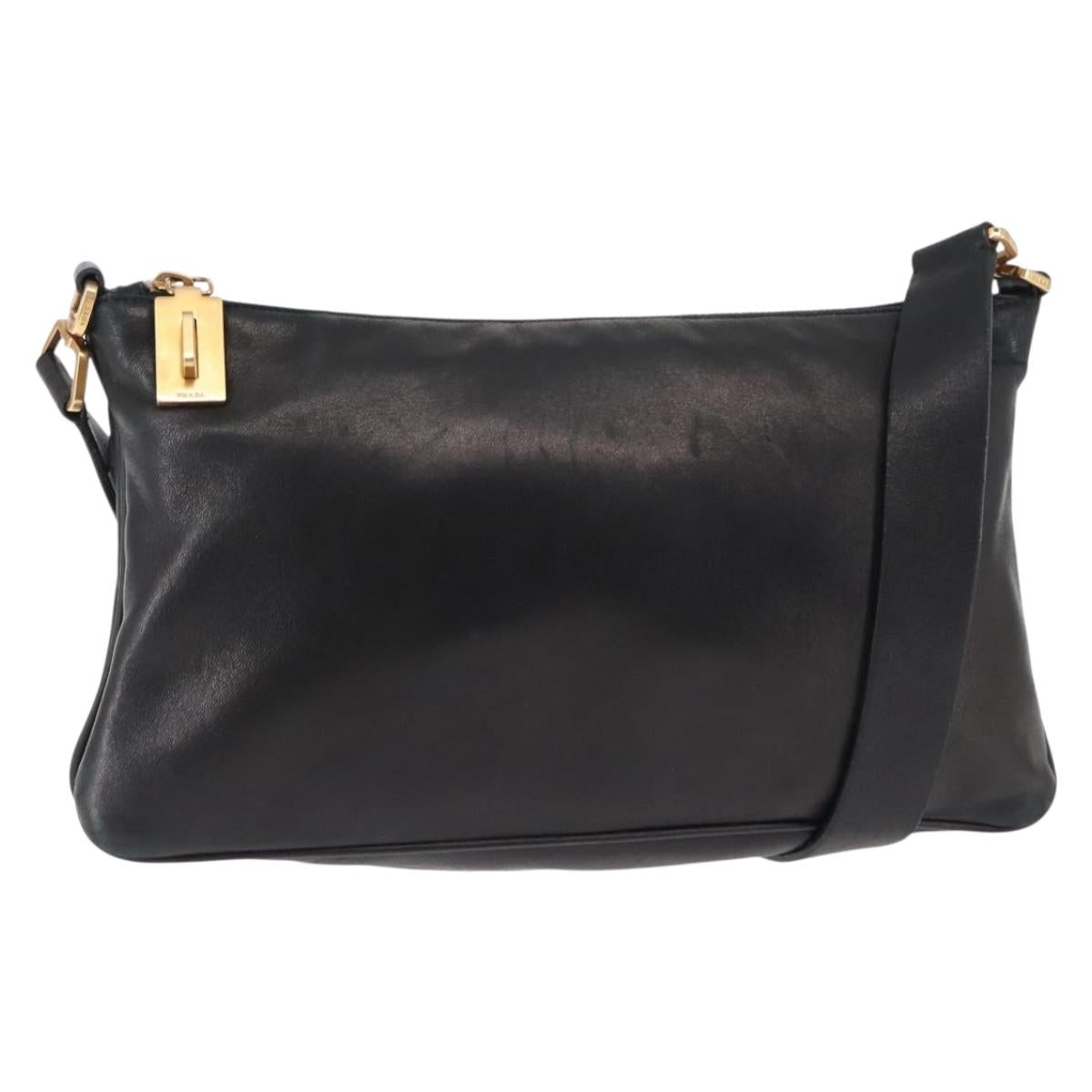 PRADA Shoulder Bag Lamb Skin Black Gold Auth ep11141