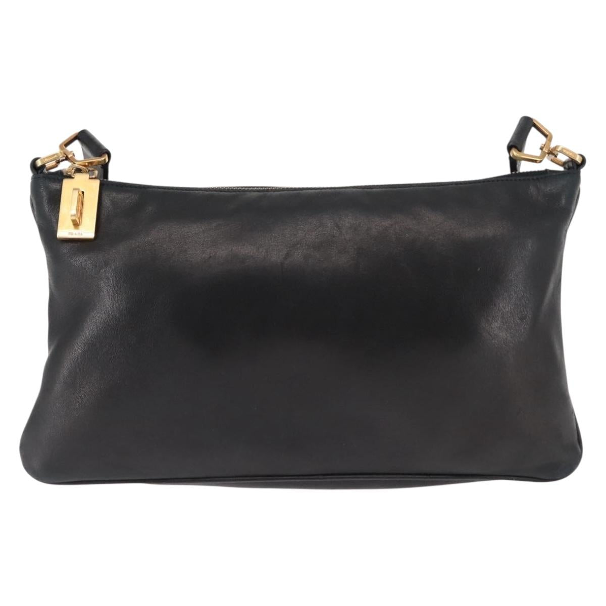 PRADA Shoulder Bag Lamb Skin Black Gold Auth ep11141