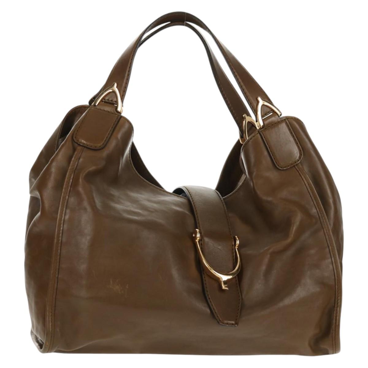 GUCCI Horsebit Shoulder Bag Leather Khaki Auth ep11163