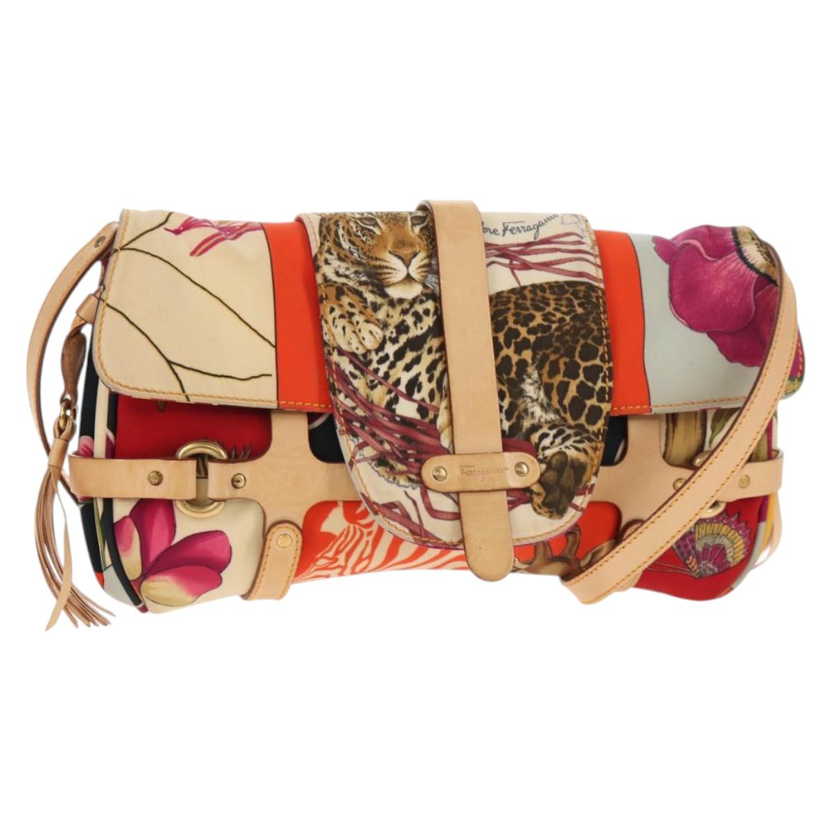 Salvatore Ferragamo Animal Pattern Shoulder Bag Nylon Leather Beige Auth ep11184
