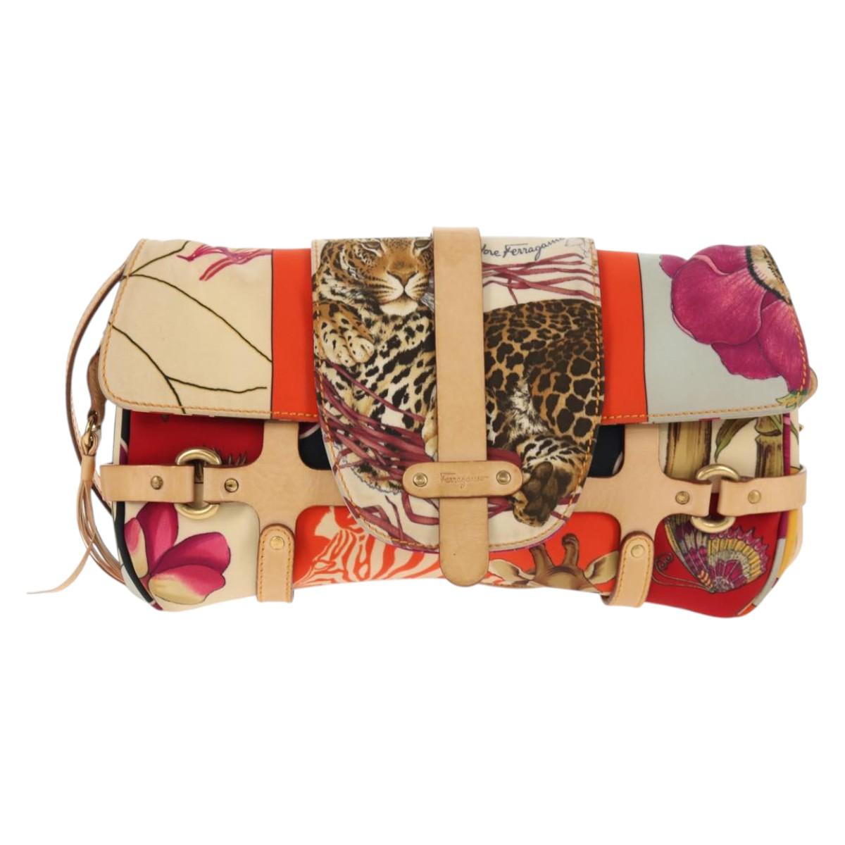 Salvatore Ferragamo Animal Pattern Shoulder Bag Nylon Leather Beige Auth ep11184