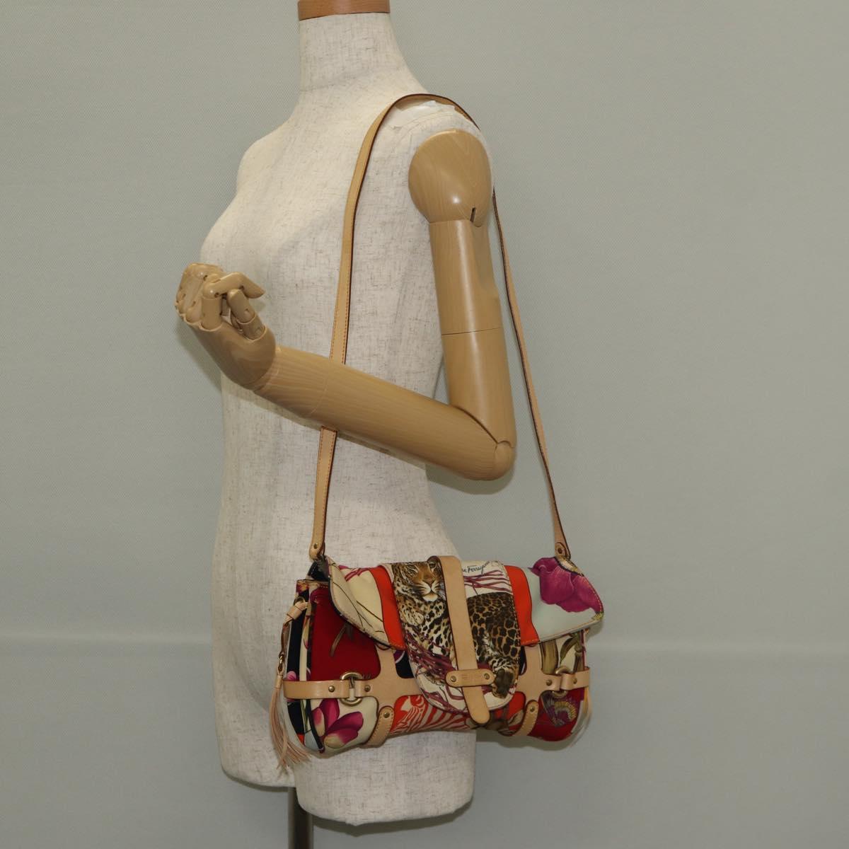 Salvatore Ferragamo Animal Pattern Shoulder Bag Nylon Leather Beige Auth ep11184
