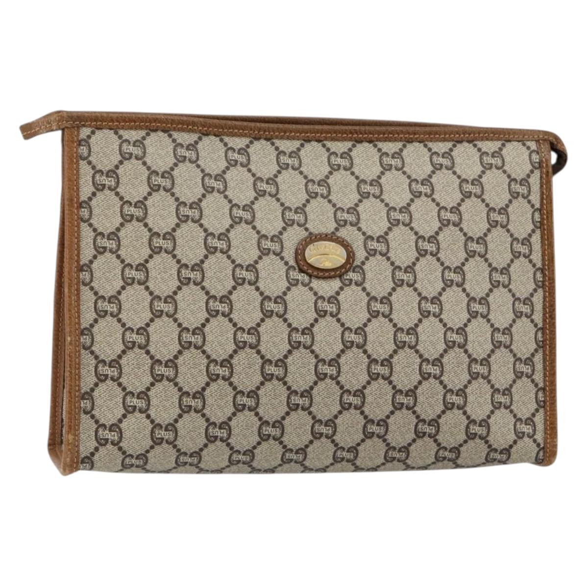 GUCCI GG Plus Supreme Clutch Bag PVC Beige Gold Auth ep11196