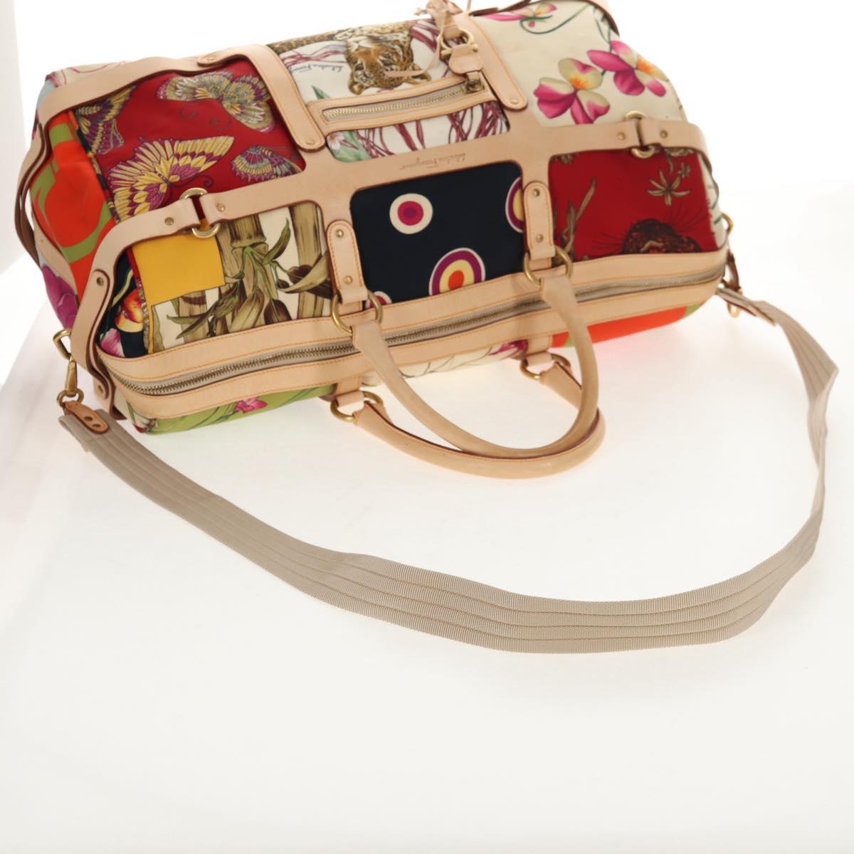 Salvatore Ferragamo Gancini Animal Boston Bag Nylon Leather Beige Auth ep11228