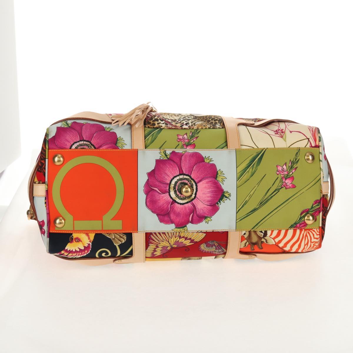 Salvatore Ferragamo Gancini Animal Boston Bag Nylon Leather Beige Auth ep11228