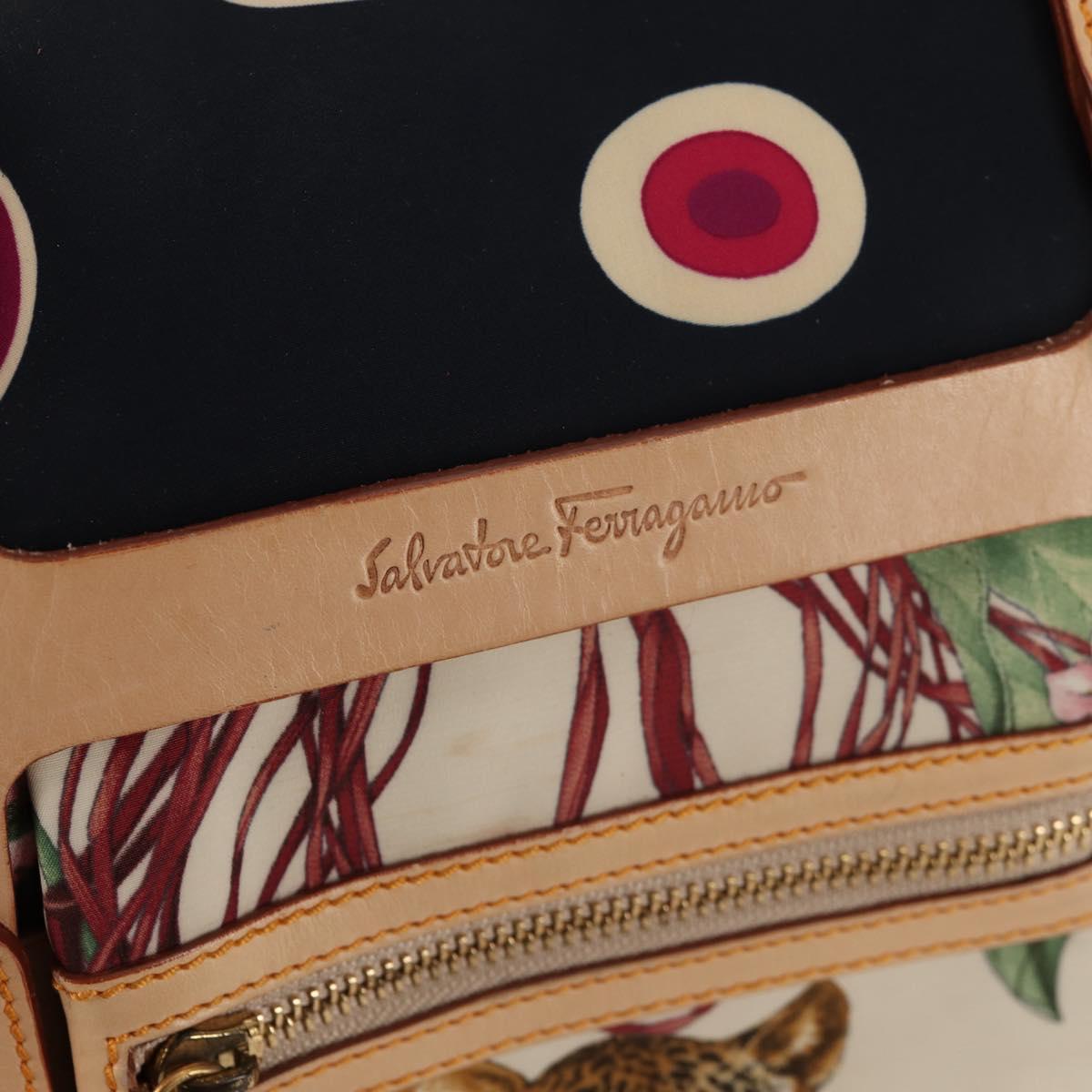 Salvatore Ferragamo Gancini Animal Boston Bag Nylon Leather Beige Auth ep11228