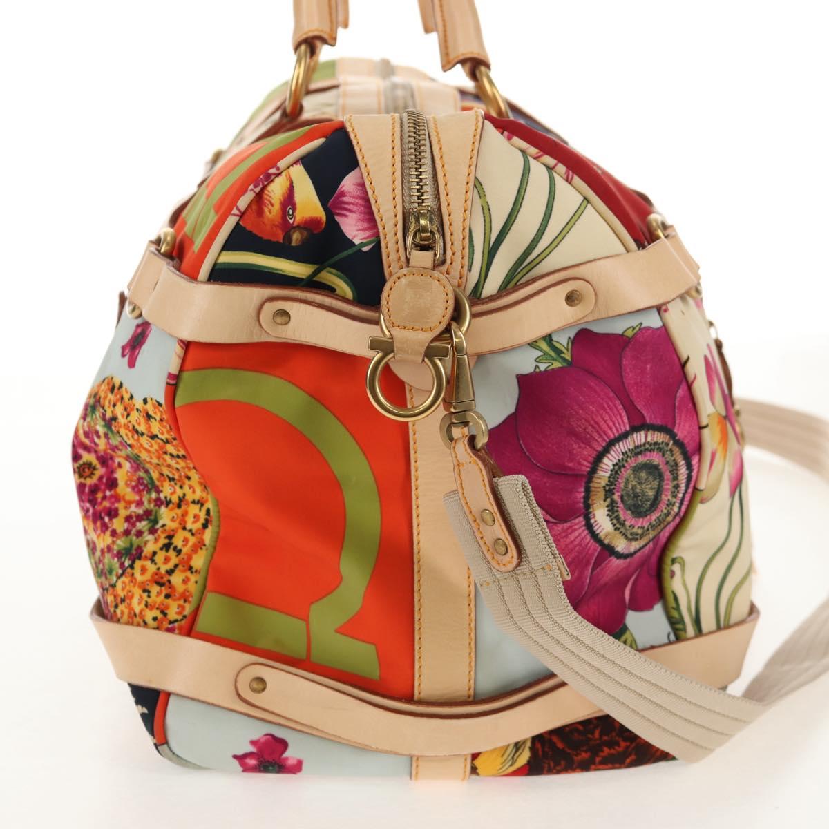 Salvatore Ferragamo Gancini Animal Boston Bag Nylon Leather Beige Auth ep11228