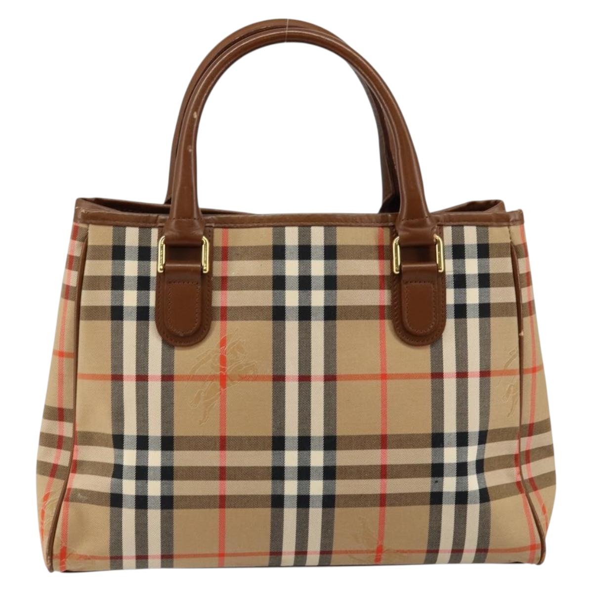 Burberrys Nova Check Hand Bag Canvas Gold Beige Auth ep11255