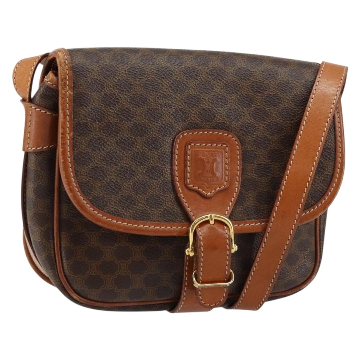 CELINE Macadam Canvas Shoulder Bag PVC Leather Brown Gold Auth ep11299