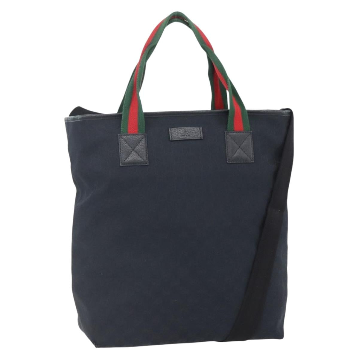 GUCCI GG Canvas Web Sherry Line Tote Bag 2way Black Silver 256099 Auth ep11333