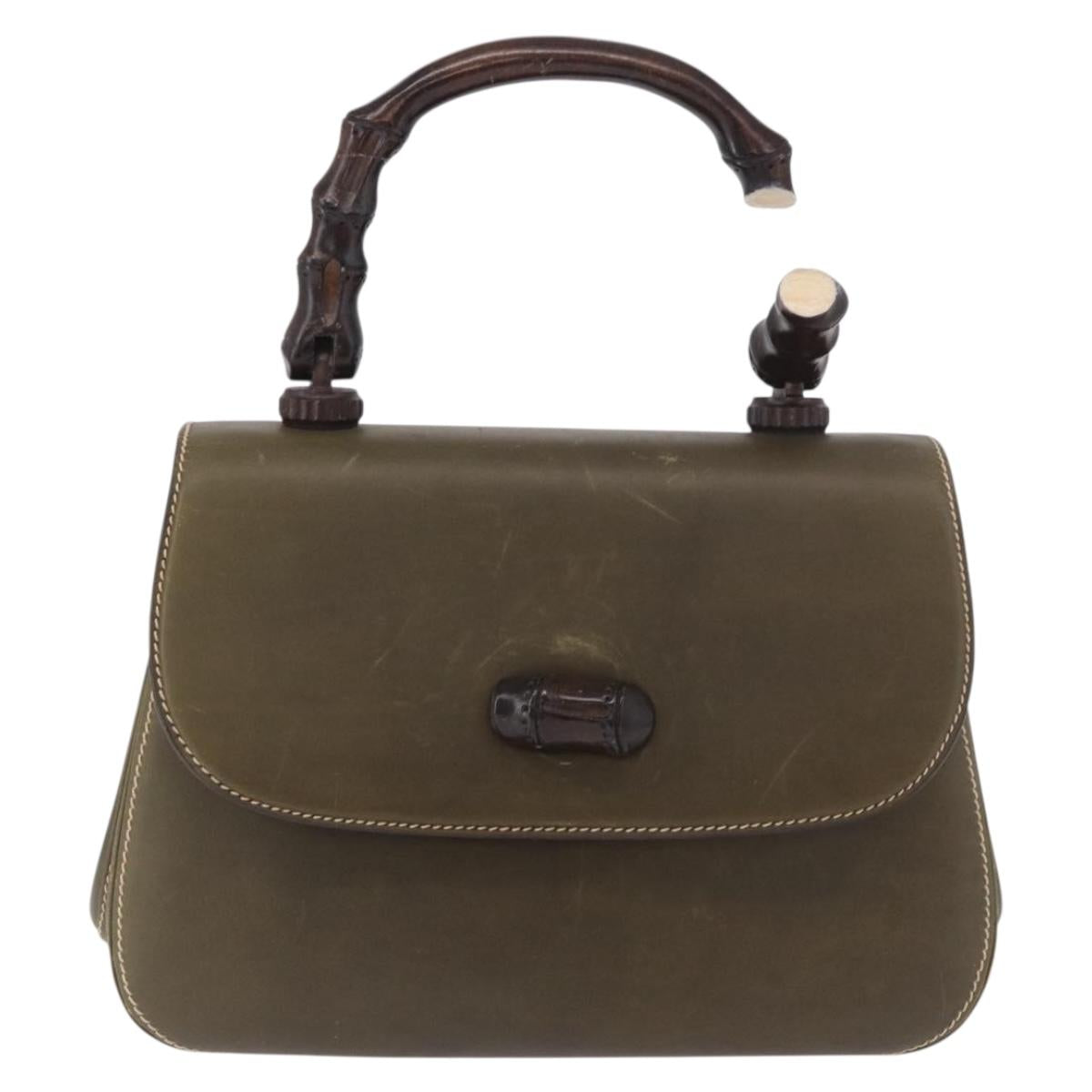 GUCCI Bamboo Hand Bag Leather Khaki Gold Auth ep11339