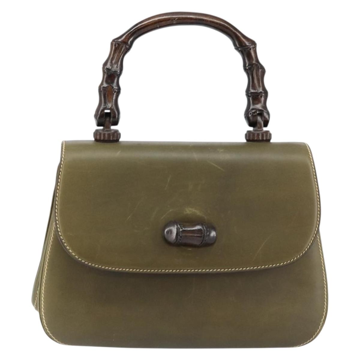 GUCCI Bamboo Hand Bag Leather Khaki Gold Auth ep11339