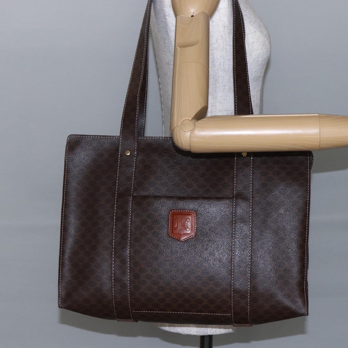 CELINE Macadam Canvas Tote Bag PVC Leather Brown Gold Auth ep11358