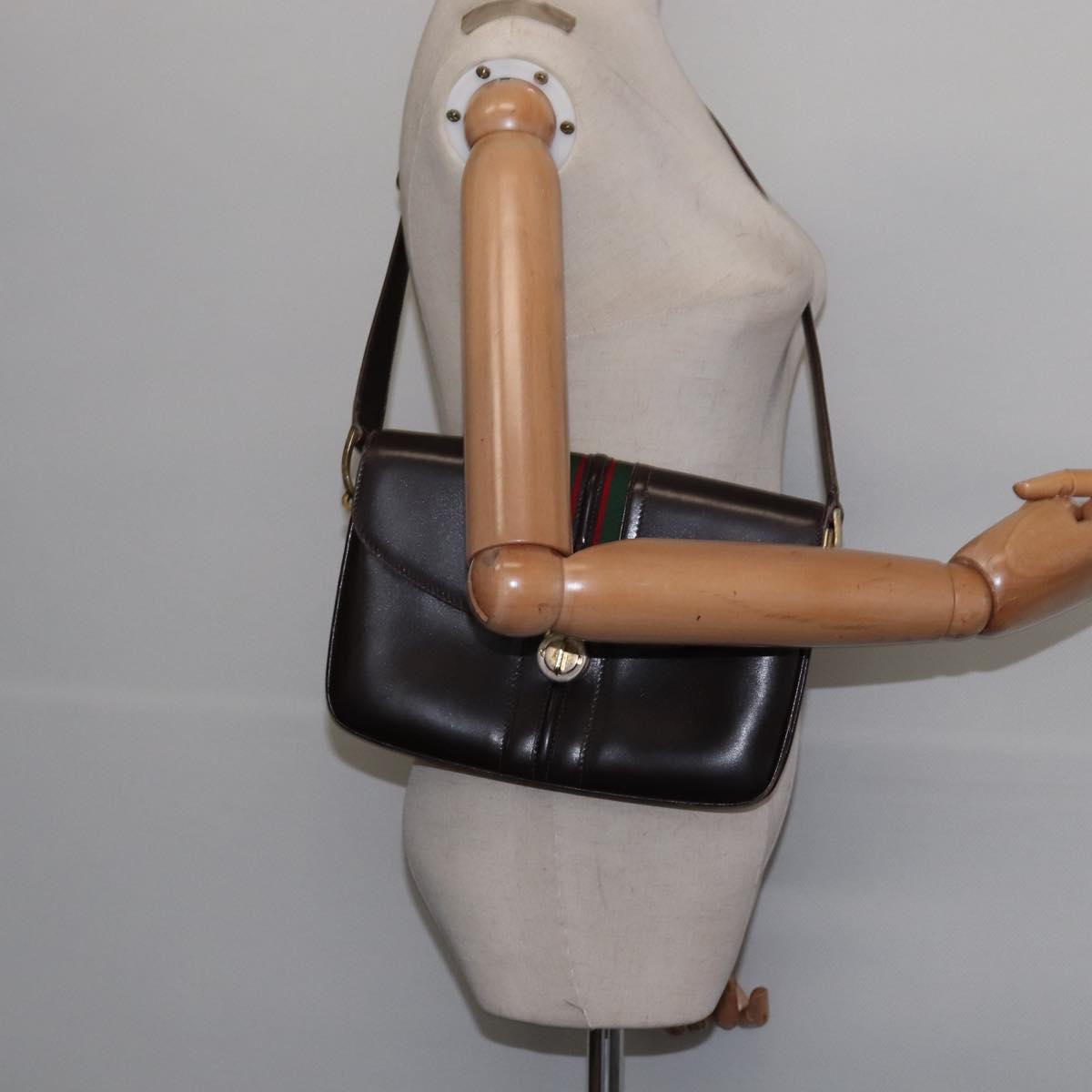 GUCCI Web Sherry Line Shoulder Bag Leather Dark Brown Gold Red Auth ep11429