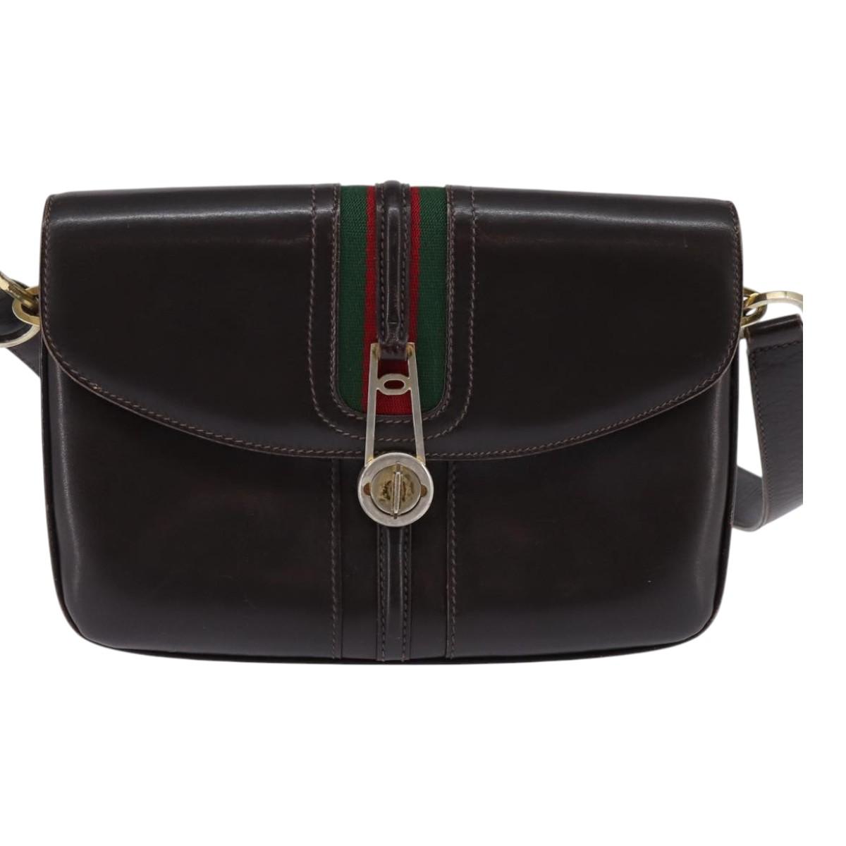 GUCCI Web Sherry Line Shoulder Bag Leather Dark Brown Gold Red Auth ep11429