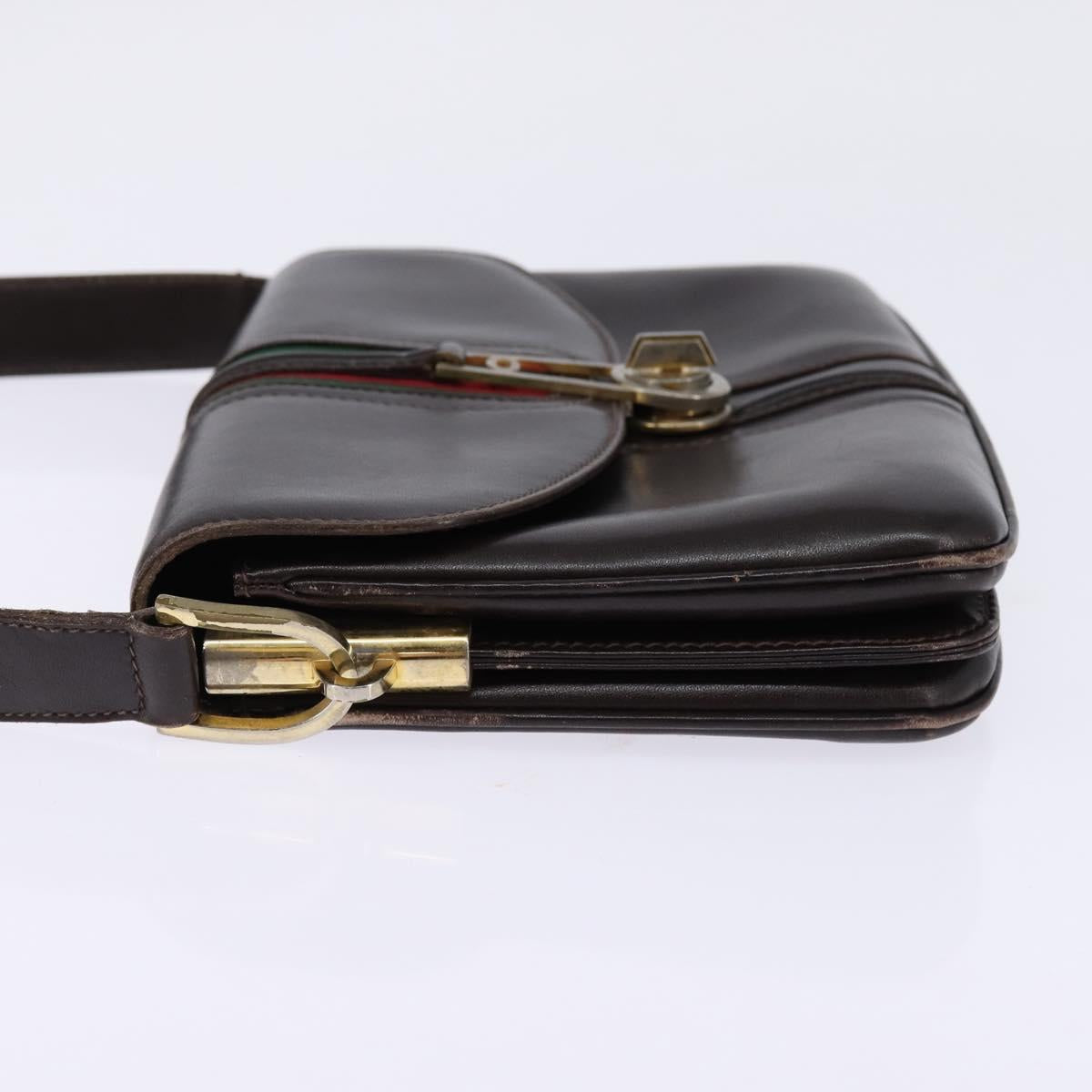 GUCCI Web Sherry Line Shoulder Bag Leather Dark Brown Gold Red Auth ep11429