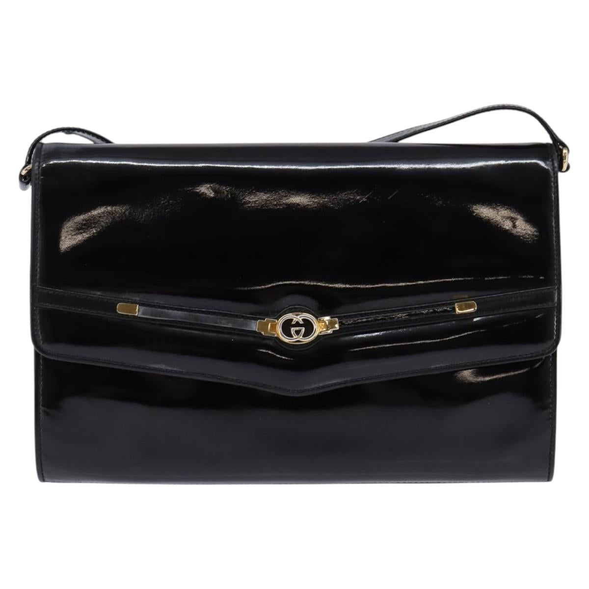 GUCCI Shoulder Bag Enamel Black Gold Auth ep11444