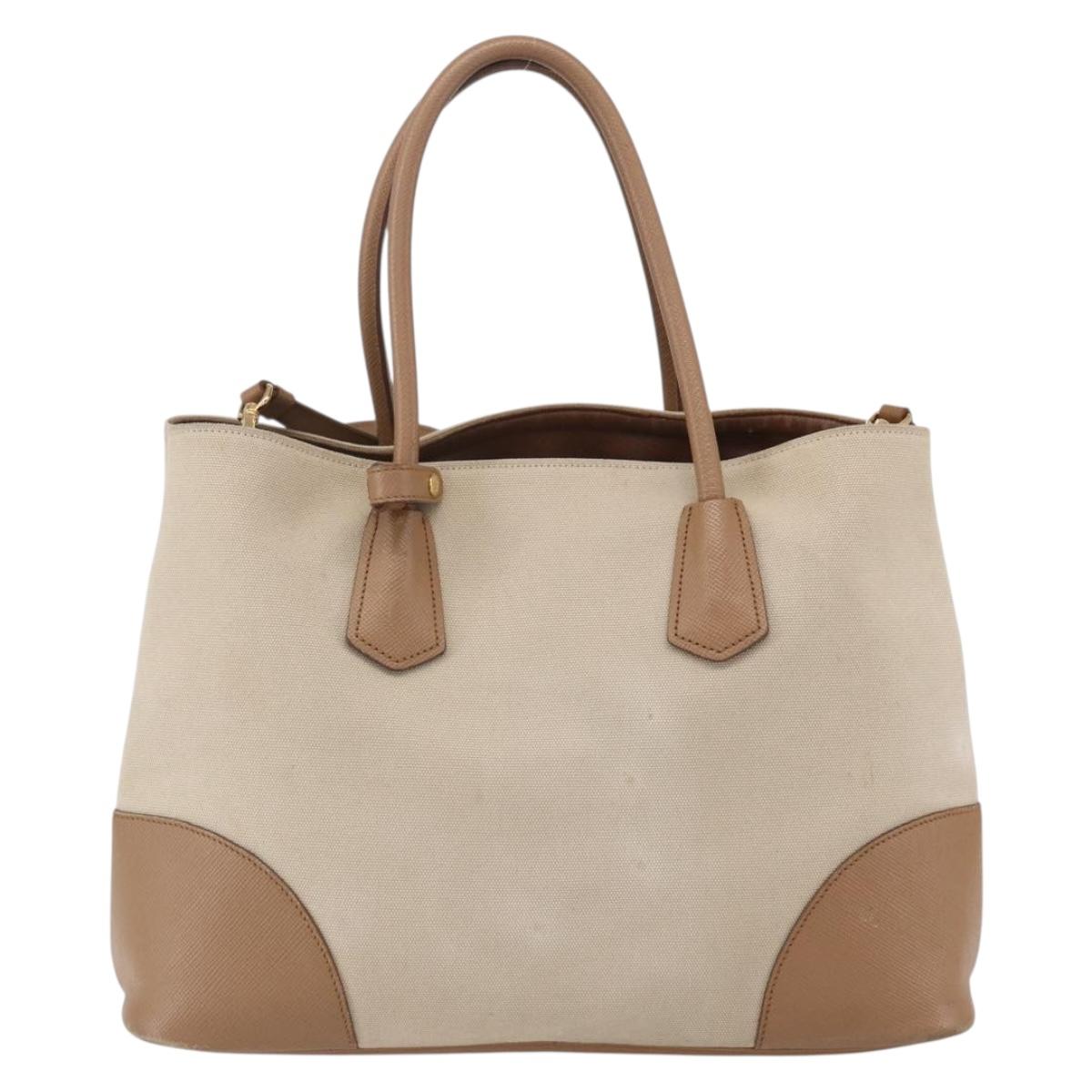 PRADA Tote Bag Canvas 2way Beige Gold Auth ep11445