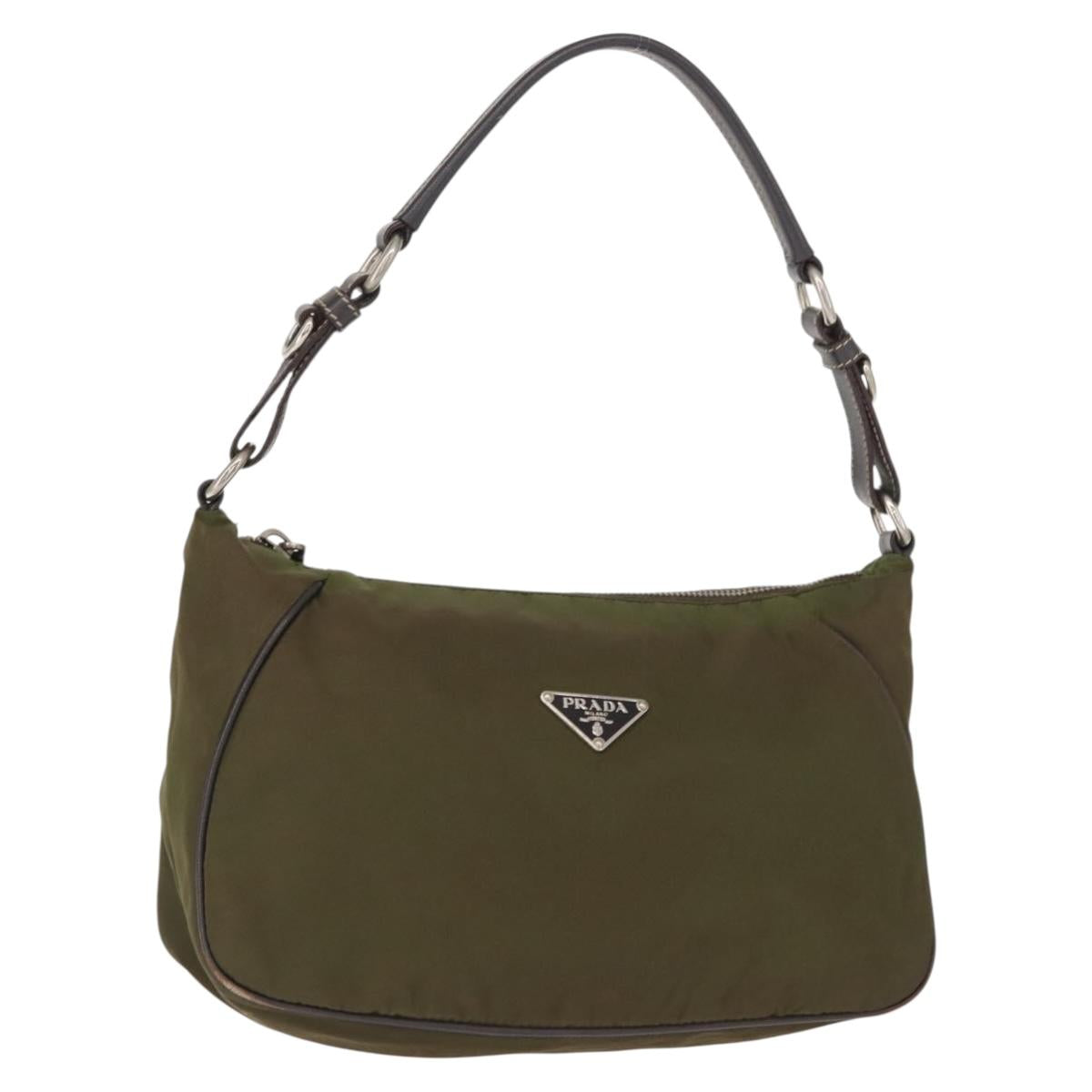 PRADA Shoulder Bag Nylon Leather Khaki Silver Auth ep11456