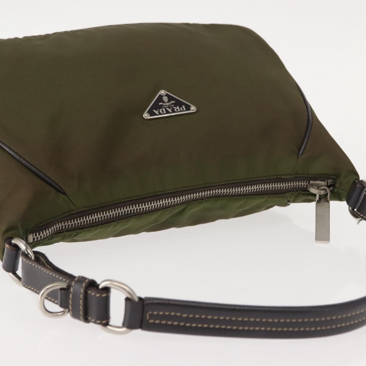 PRADA Shoulder Bag Nylon Leather Khaki Silver Auth ep11456