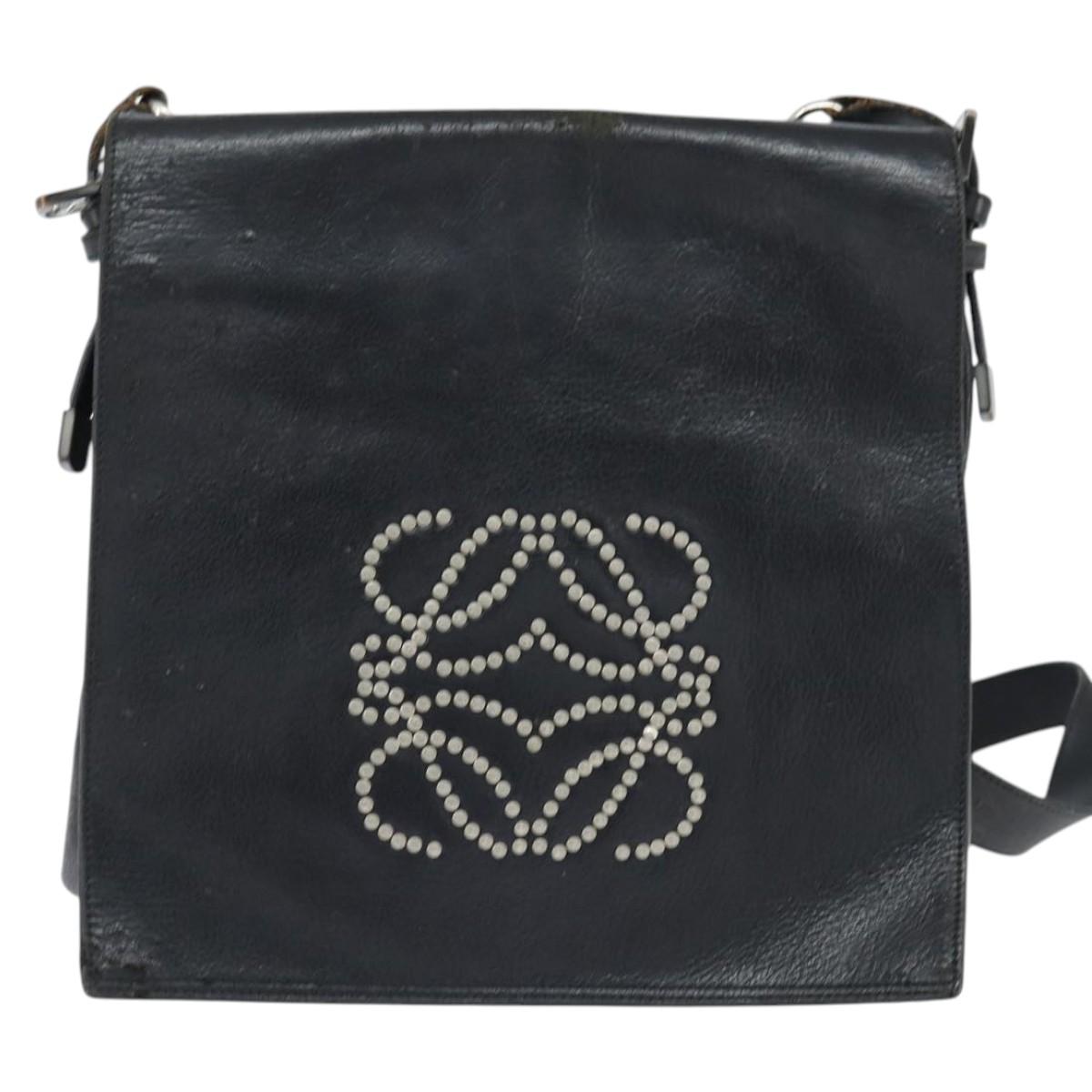 LOEWE Anagram Shoulder Bag Leather Black Gold Auth ep11472