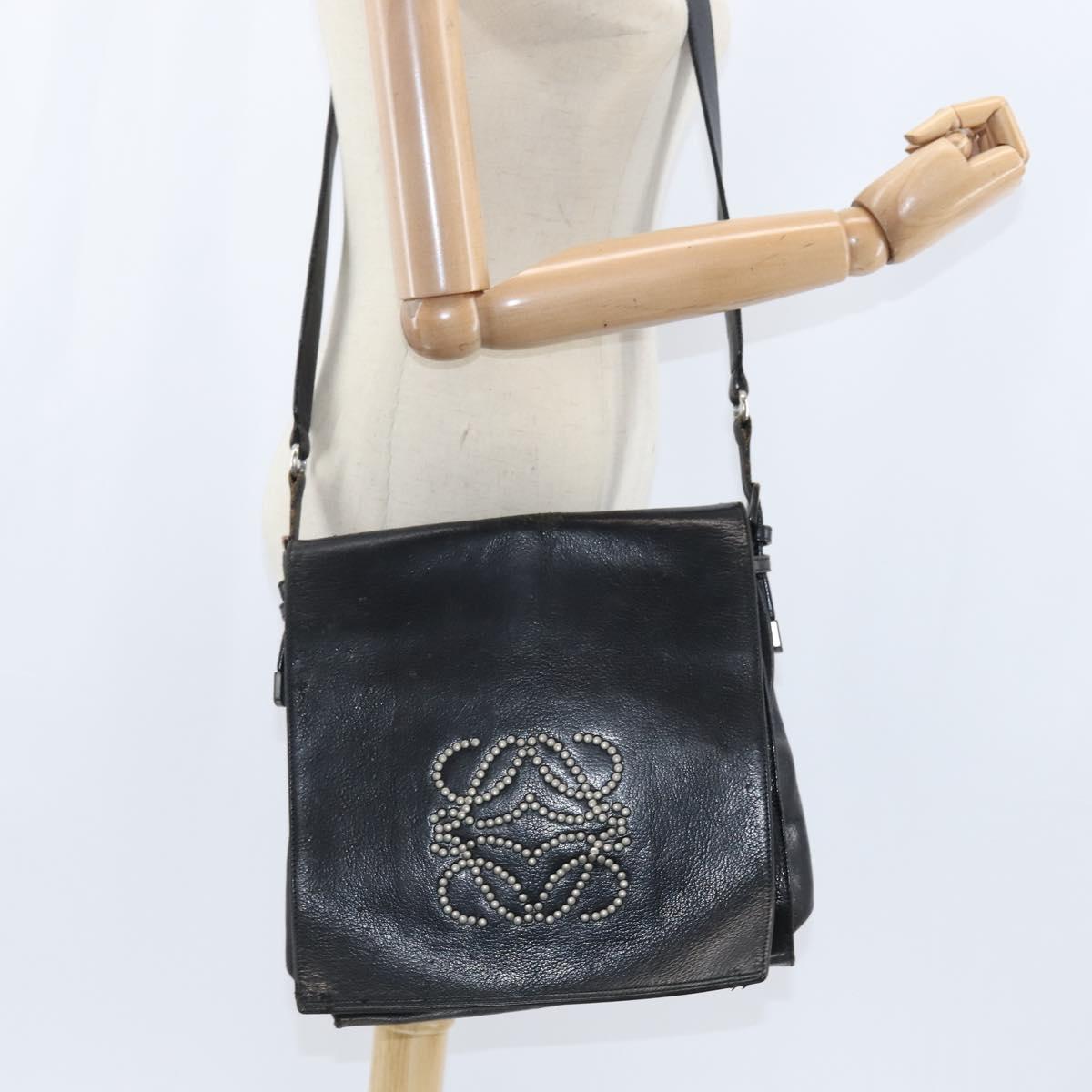 LOEWE Anagram Shoulder Bag Leather Black Gold Auth ep11472