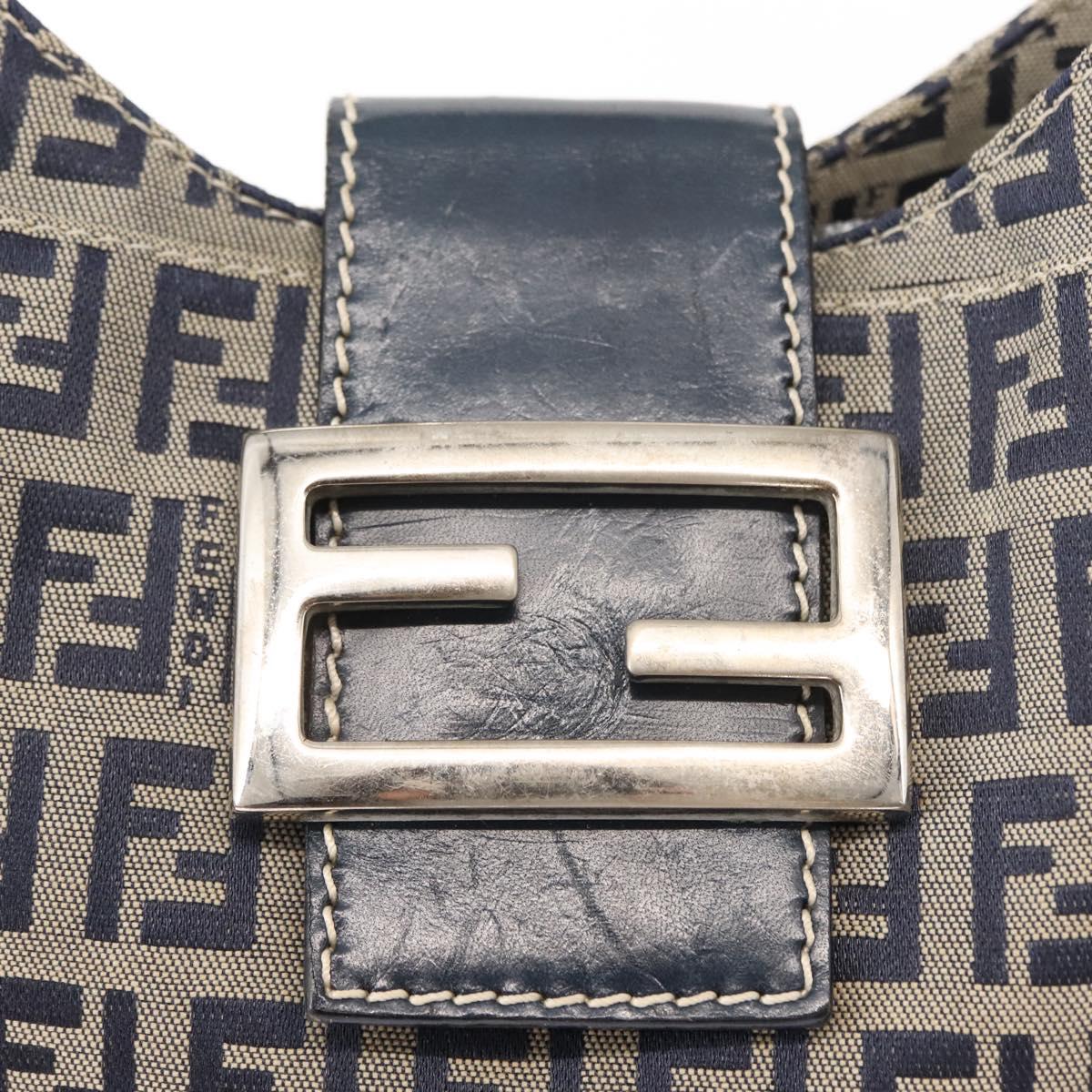FENDI Zucchino Canvas Mamma Baguette Tote Bag Navy Silver Auth ep11475