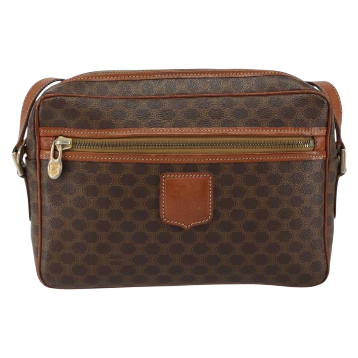 CELINE Macadam Canvas Shoulder Bag PVC Leather Brown Gold Auth ep11508