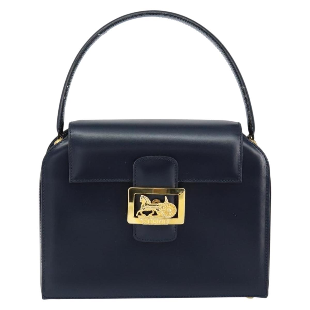 CELINE Horse Carriage Hand Bag Leather Navy Gold Auth ep11510