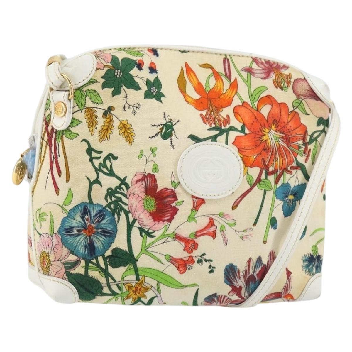 GUCCI Botanical Shoulder Bag Canvas Leather White Gold 007 115 1093 Auth ep11546