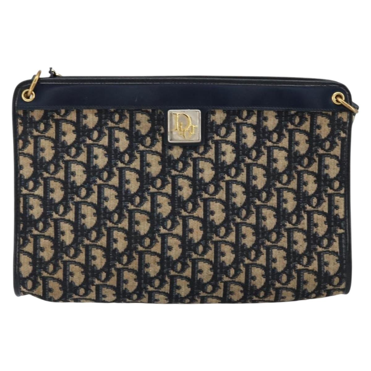 Christian Dior Trotter Canvas Shoulder Bag Navy Gold Auth ep11547