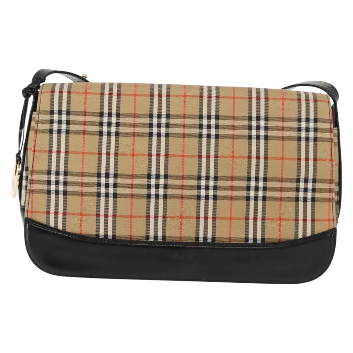 Burberrys Nova Check Shoulder Bag Canvas Leather Beige Black gold Auth ep11549