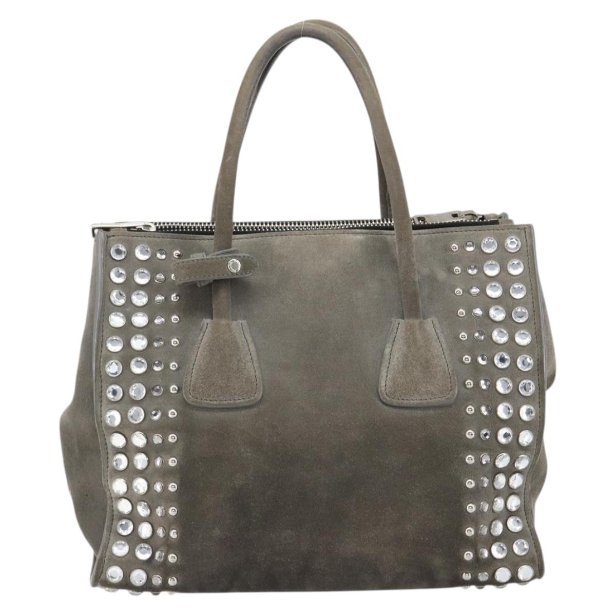 PRADA Studs Hand Bag Suede 2way Gray Silver Auth ep11562