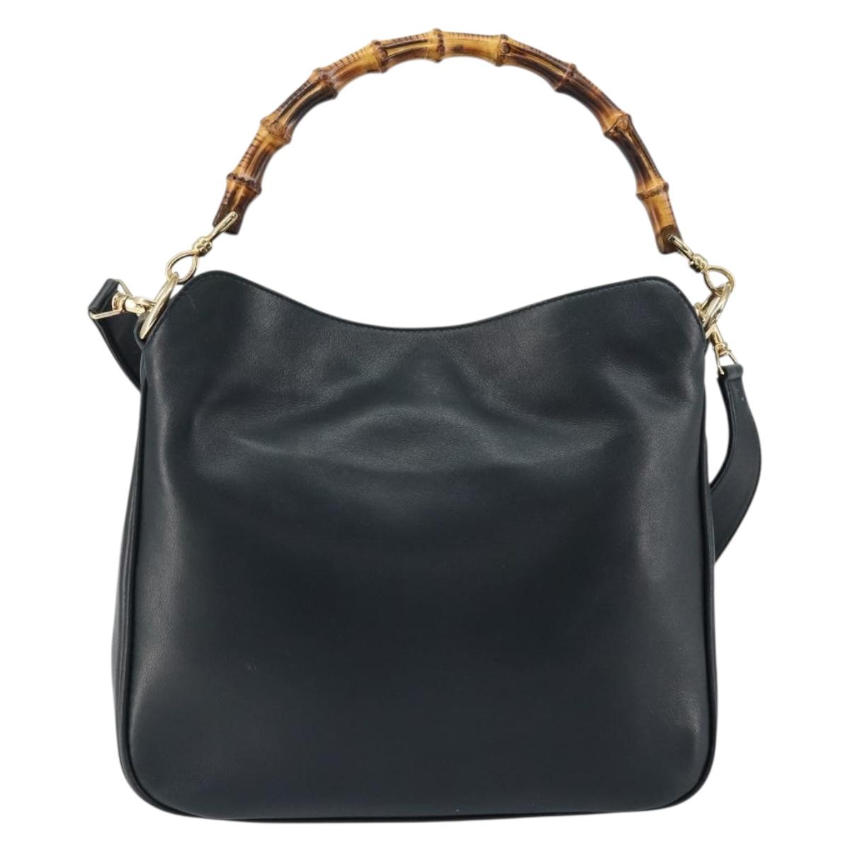 GUCCI Bamboo Hand Bag Leather 2way Navy Gold 001 1705 1638 Auth ep11570