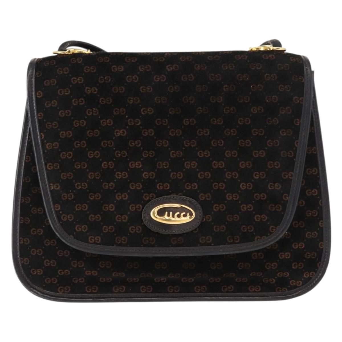 GUCCI Micro GG Canvas Shoulder Bag Suede Black Gold Auth ep11584