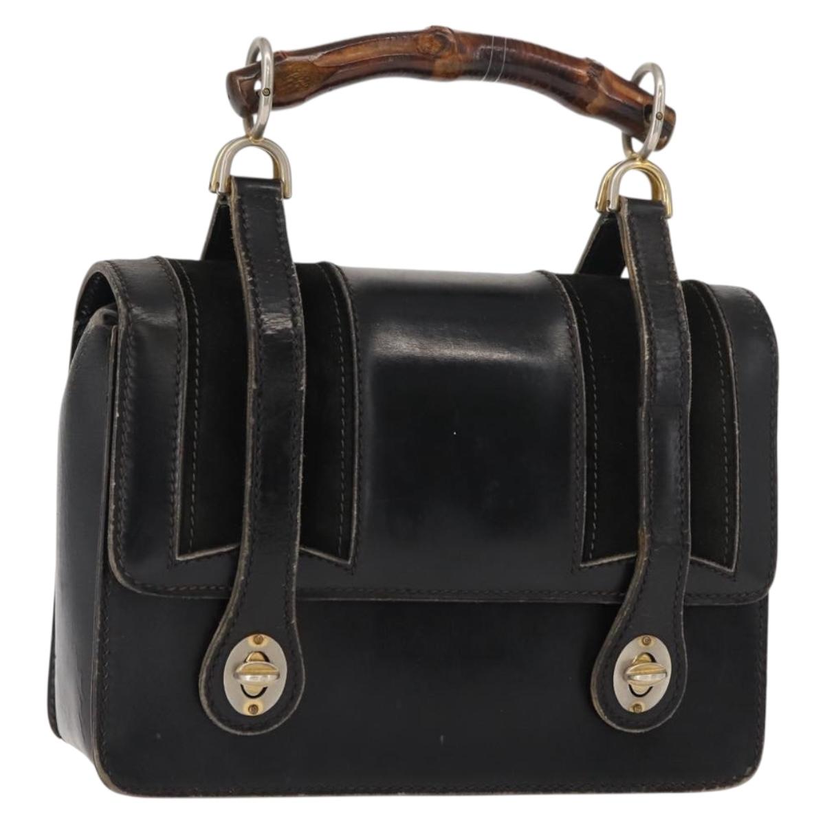 GUCCI Bamboo Hand Bag Leather Black Gold Auth ep11619