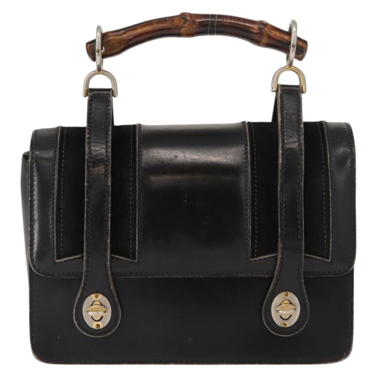 GUCCI Bamboo Hand Bag Leather Black Gold Auth ep11619