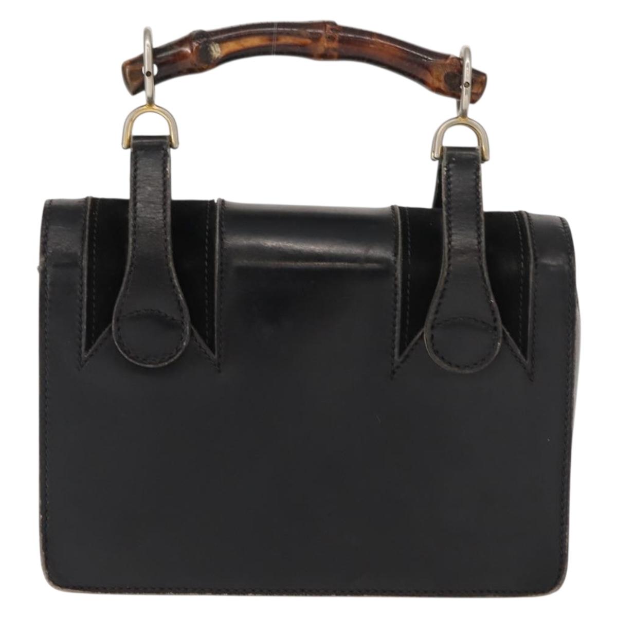 GUCCI Bamboo Hand Bag Leather Black Gold Auth ep11619