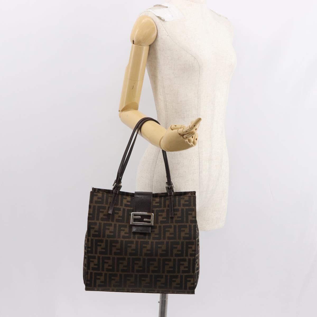 FENDI Zucca Canvas Mamma Baguette Tote Bag Black Brown Auth ep11622