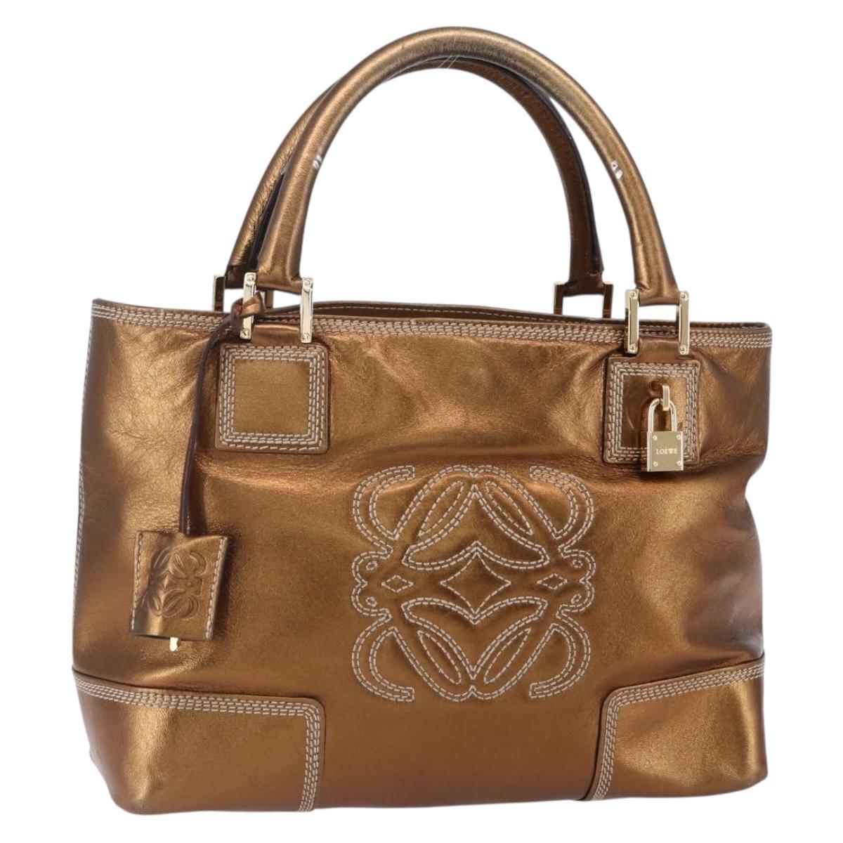LOEWE Anagram Americana 28 Hand Bag Leather Bronze Gold Auth ep11653