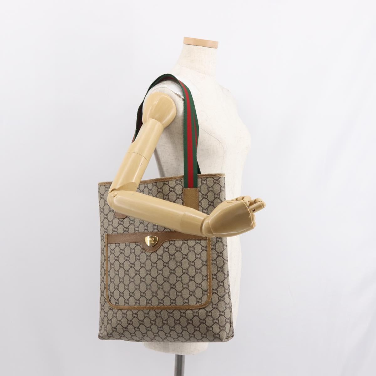 GUCCI GG Plus Supreme Web Sherry Line Tote Bag PVC Beige Gold Auth ep11665