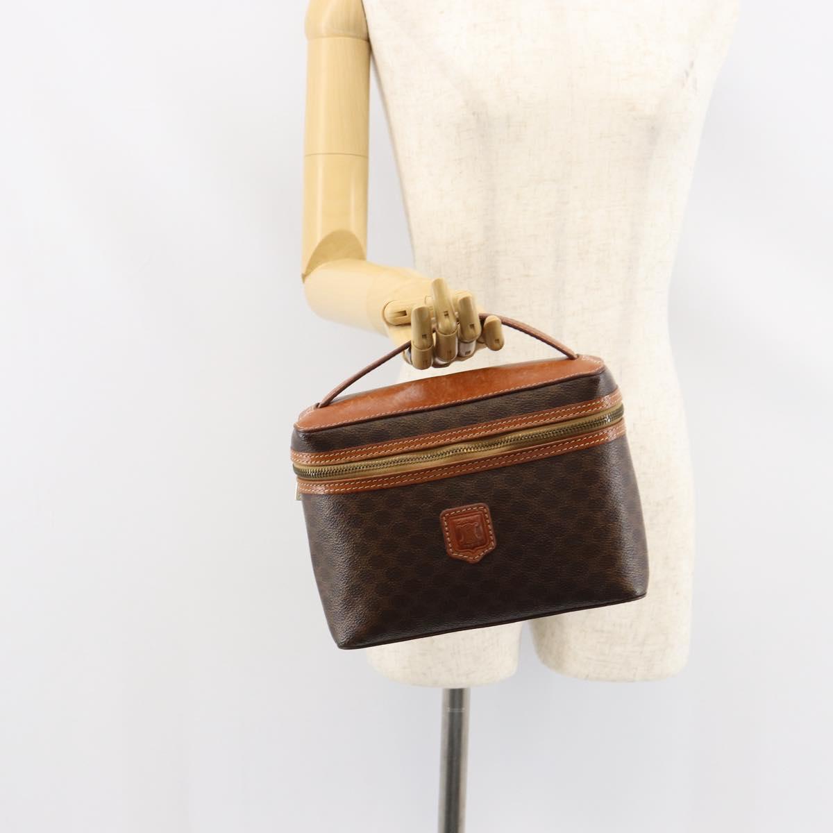 CELINE Macadam Canvas Vanity Pouch PVC Leather Brown Gold Auth ep11672