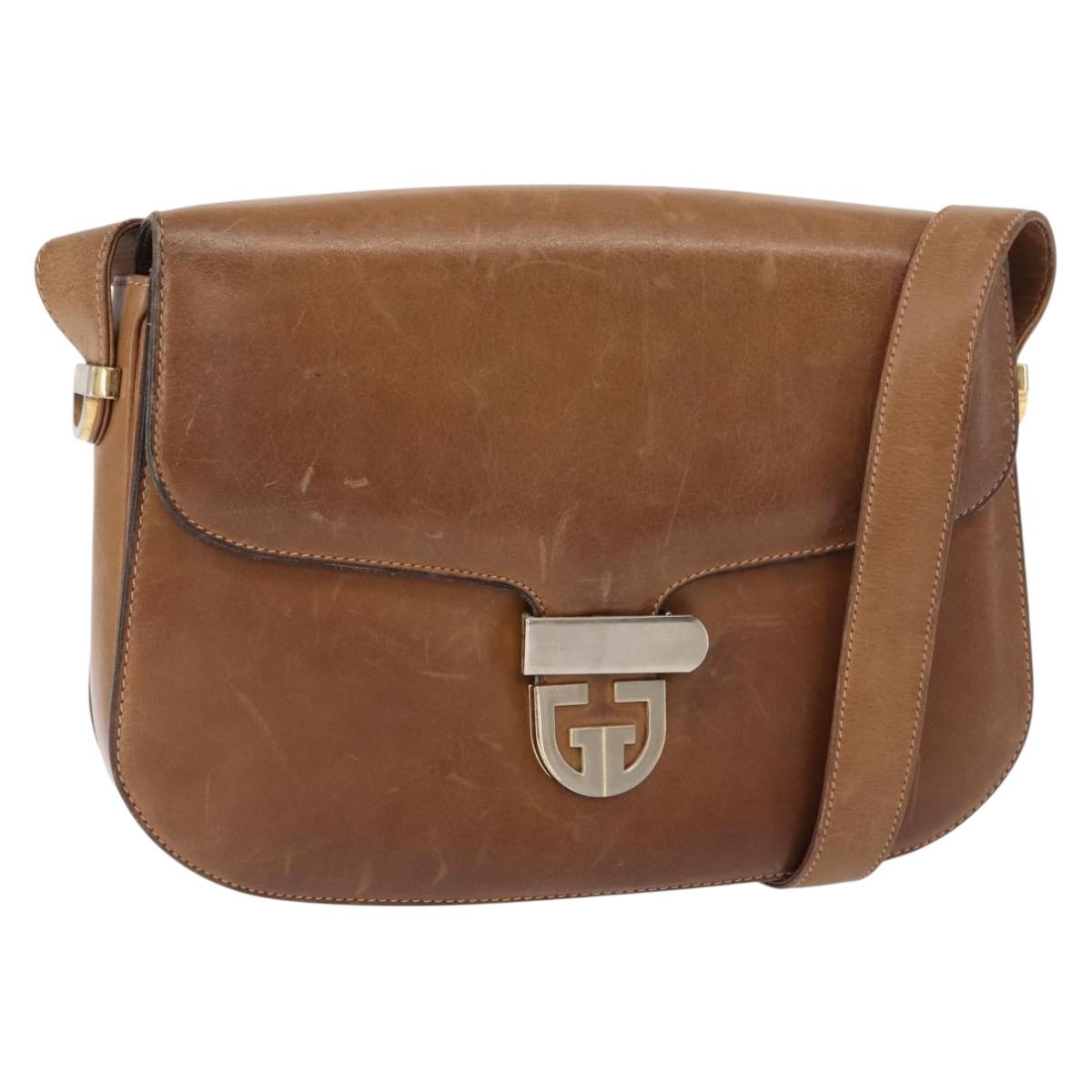 GUCCI Shoulder Bag Leather Brown gold Auth ep11690