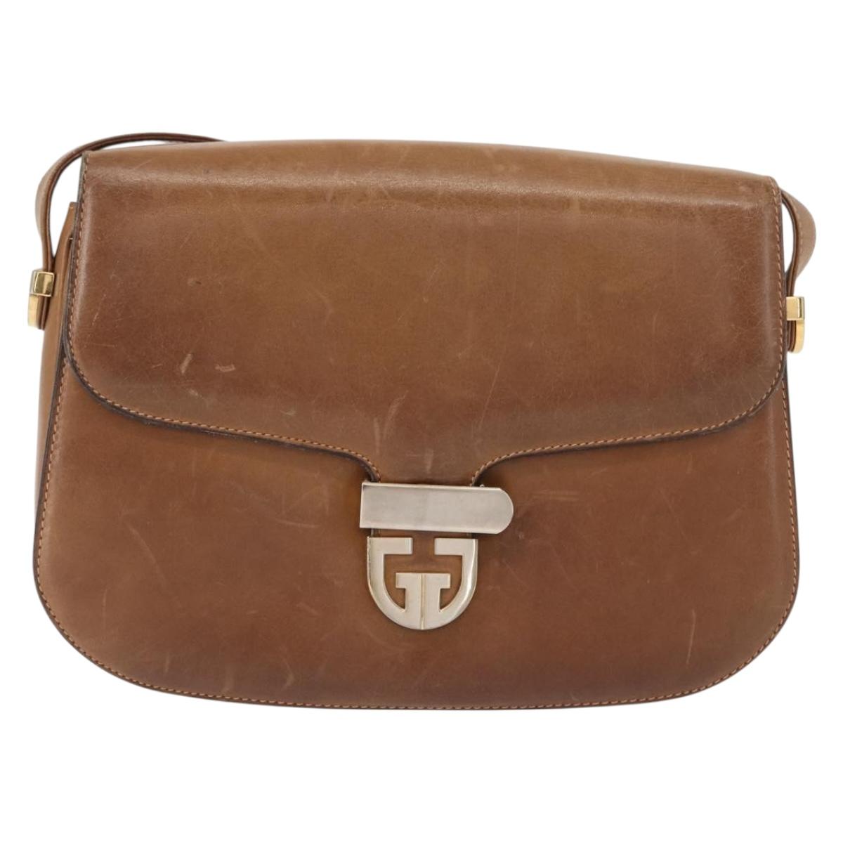 GUCCI Shoulder Bag Leather Brown gold Auth ep11690