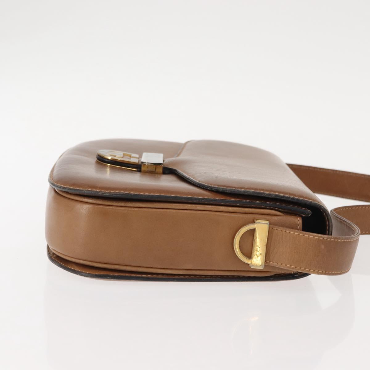 GUCCI Shoulder Bag Leather Brown gold Auth ep11690