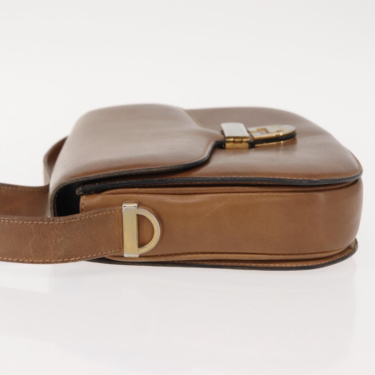 GUCCI Shoulder Bag Leather Brown gold Auth ep11690