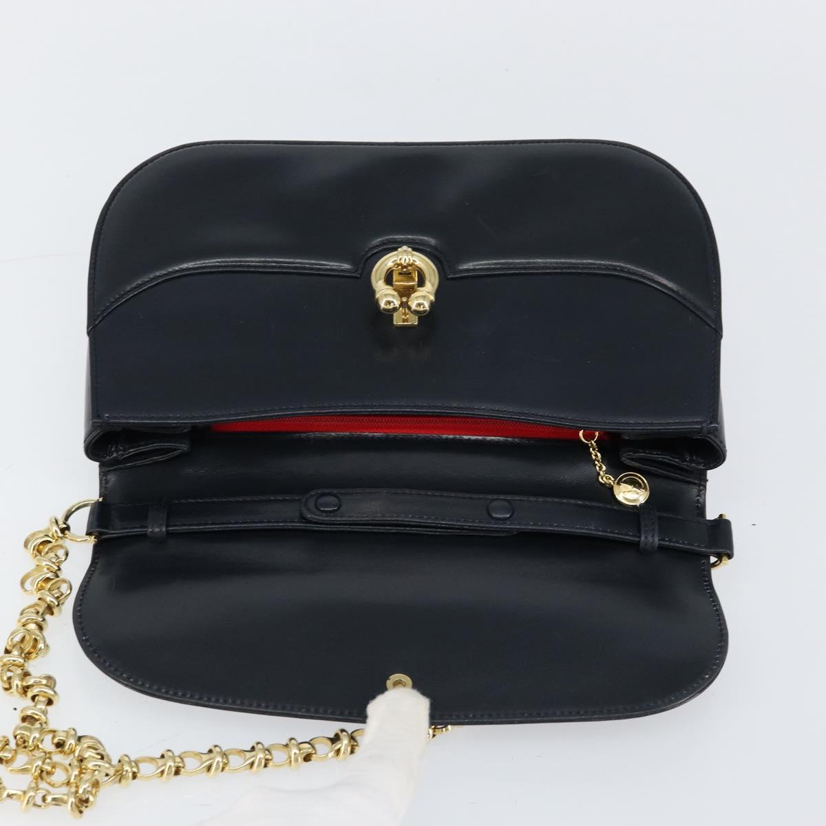 GUCCI Chain Shoulder Bag Leather Navy Gold Auth ep11717