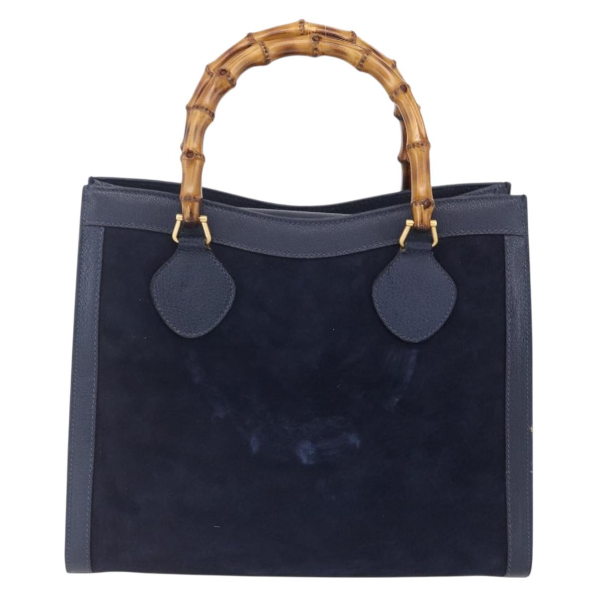 GUCCI Bamboo Hand Bag Suede Navy Gold 002 2865 0260 Auth ep11731